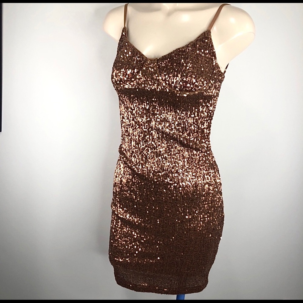 HONEY BUM sequin COPPER BRONZE SPARKLE Dress GLAM party metallic Mini dress
